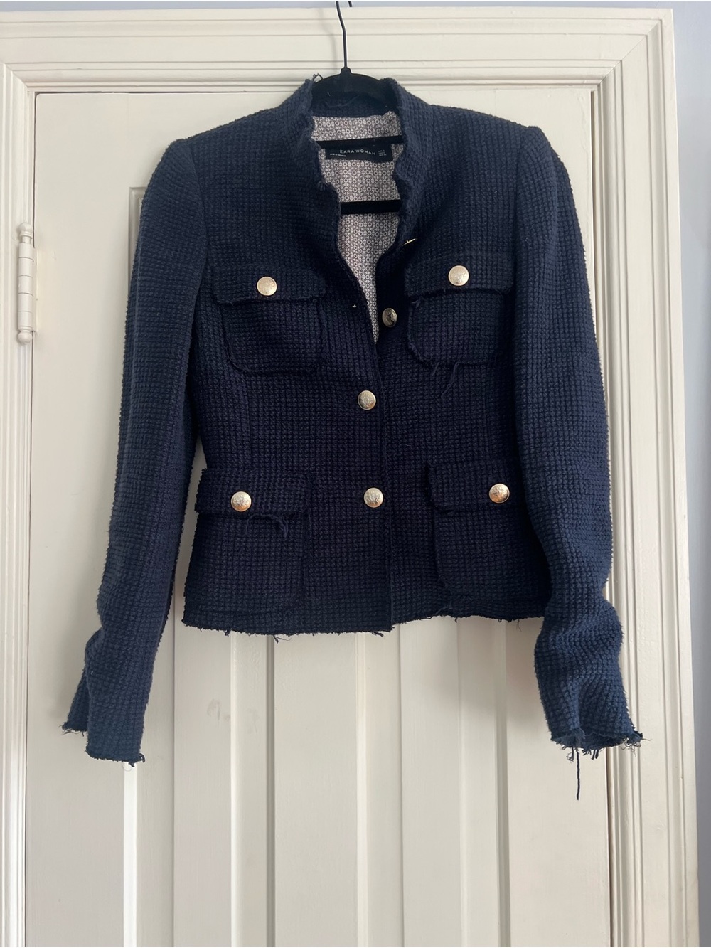 Zara Dark Blue Bouclé Blazer with Gold Buttons